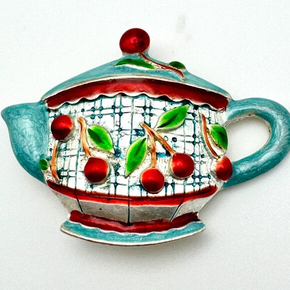 Vintage Enamel Teapot Brooch Pin Cherry Design 1.75" Collectible Retro Jewelry - Picture 1 of 5